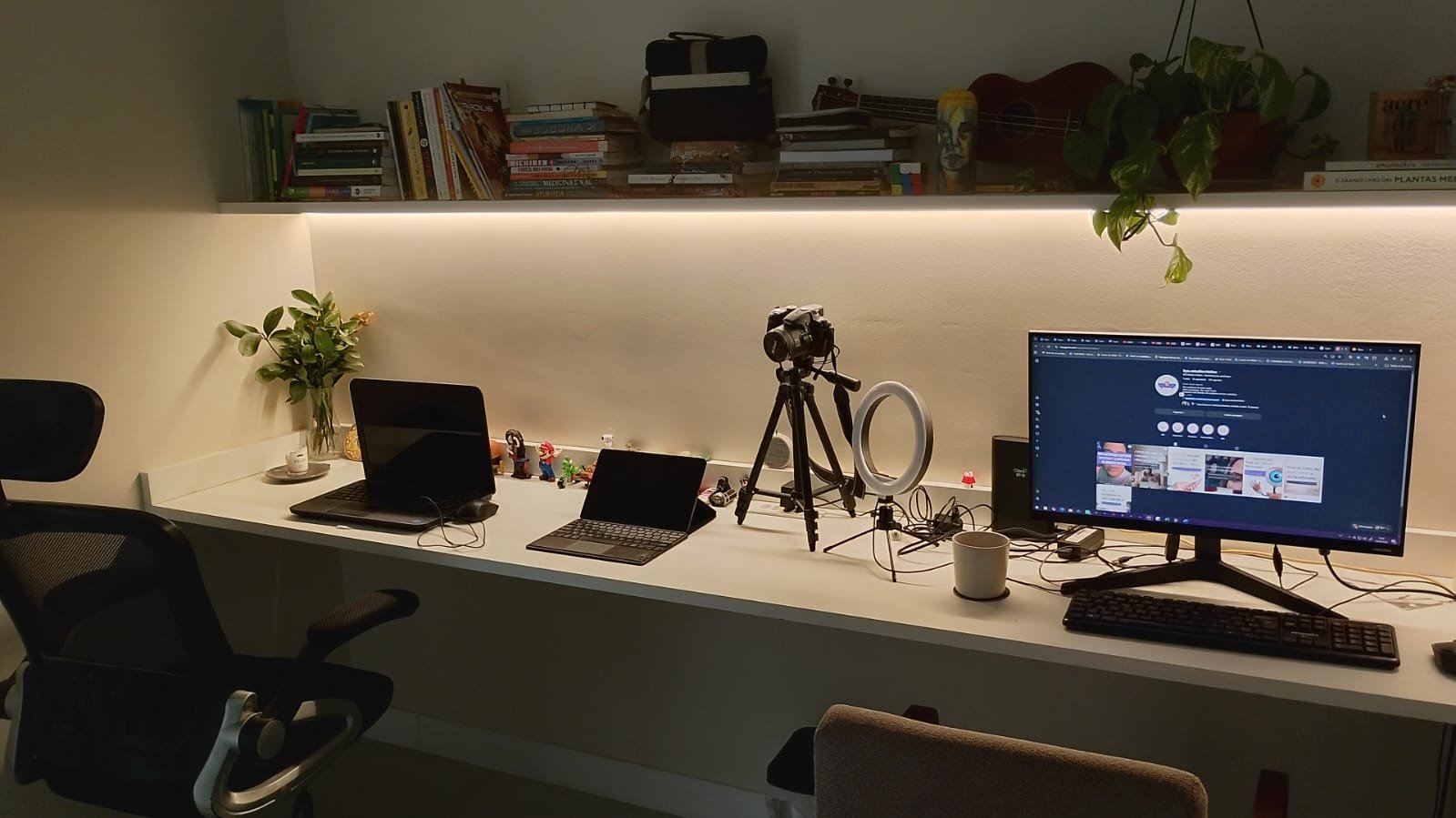 Escritório da BYÁ com bancada de trabalho, câmera, iluminação para gravação, computadores, livros, plantas e instrumentos